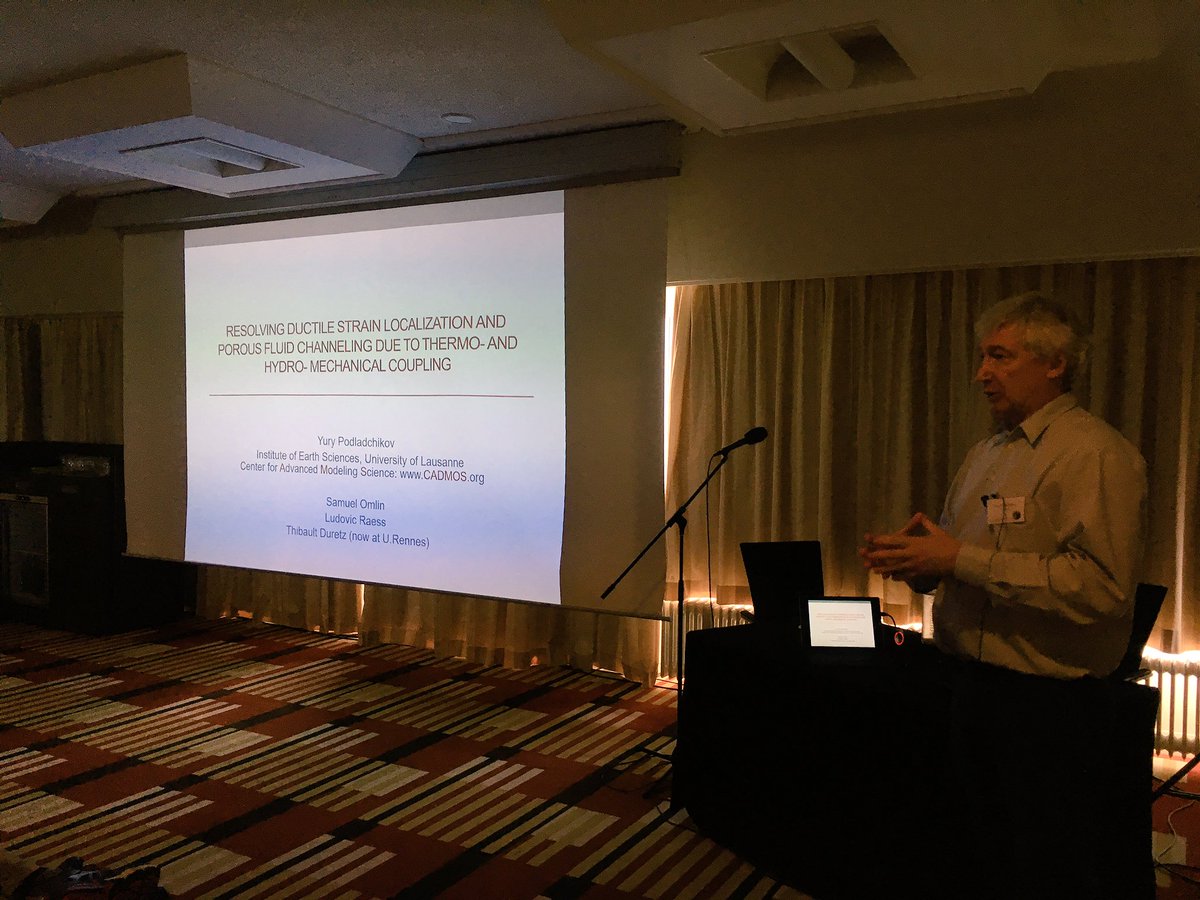 MantleLithoMod's tweet photo. Third keynote of today by Y. Podladchikov from @unil about how to resolve ductile strain localization and porous fluid channeling https://t.co/jedZCs7mzK