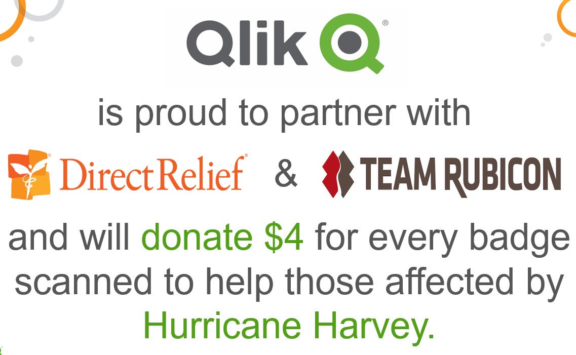 BI4Fed's tweet photo. Are you #AFITC17 today? Stop by Booth 307 - #QlikFed will donate $4 to support disaster relief efforts in TX. @DirectRelief & @TeamRubicon https://t.co/0QjMCR9Wy1