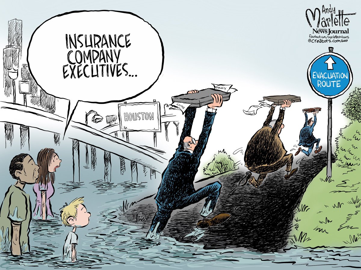AndyMarlette's tweet photo. New cartoon: Early evacuees from #Harvey flooding... #Houston https://t.co/w6t1DKADDS