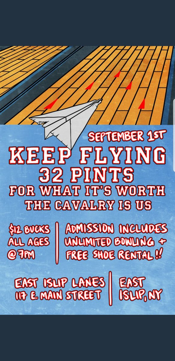 FWIWLI's tweet photo. Playing the last show of summer at the lanes with @KeepFlyingBand @32PintsOfficial and @TheCavalryIsUs on Friday! https://t.co/op3nf6tZOS