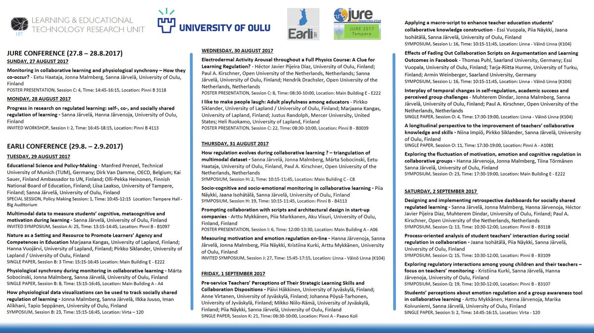 LET_Oulu's tweet photo. The LET team is presenting all week in #EARLI2017! Come hear our research about #learning #collaboration #regulation #onlinemeasures! https://t.co/pbi42jRhxd