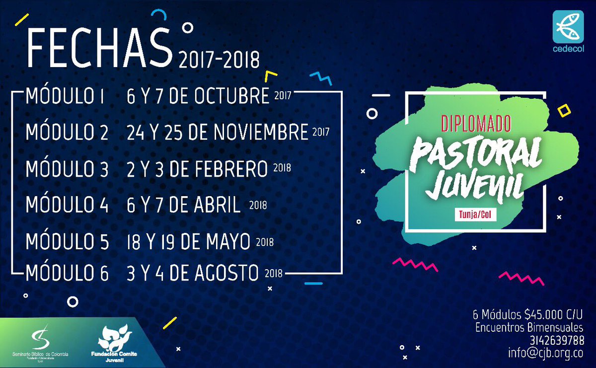CJBoyaca's tweet photo. Prográmate para todos los módulos de nuestro diplomado de pastoral juvenil!!! 
Inscríbete hoy mismo !! https://t.co/g5SQTezE46