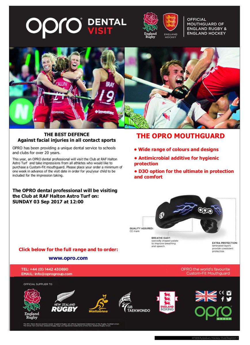 aylesburyhc's tweet photo. CLUB DAY -Sunday 3rd- RAF Halton joined by @OPROGroup from 12pm 😁 Great opportunity to get that all important Custom-fit #mouthguard #opro https://t.co/vyxr2JWfmC
