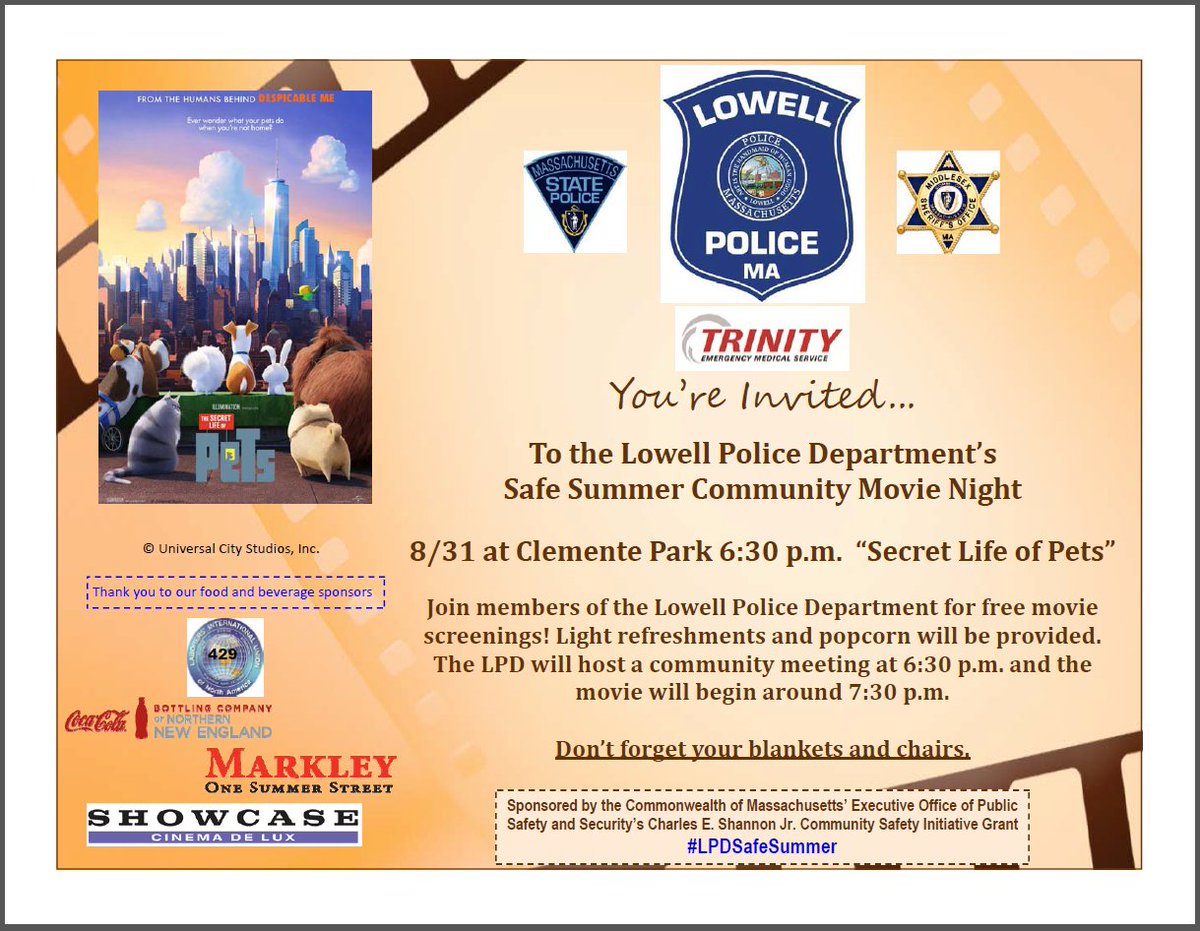 LowellPD's tweet photo. Don't forget to join us at the last movie night of the summer. Thank You to all our local comm. sponsors & our LE partners. #LPDSafeSummer https://t.co/av0xaK3UTM