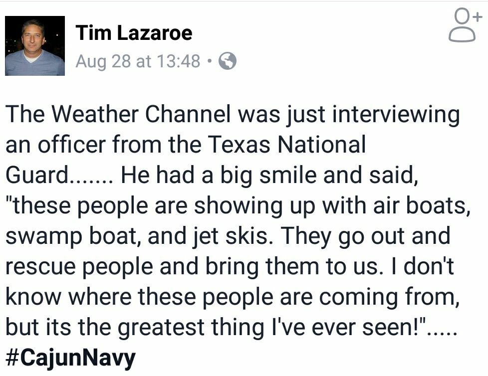 fragoutcc's tweet photo. This is the America I know and love! #america #freedom #harvey #commingtogether #wearentallextremists https://t.co/PmA9yp3G8C