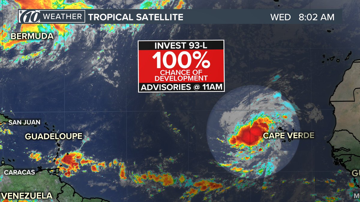 GrantGilmoreWX's tweet photo. #Invest93L has become better organized this morning. @NHC_Atlantic will likely begin issuing advisories on this storm beginning at 11 am. https://t.co/FXHQh333Zx