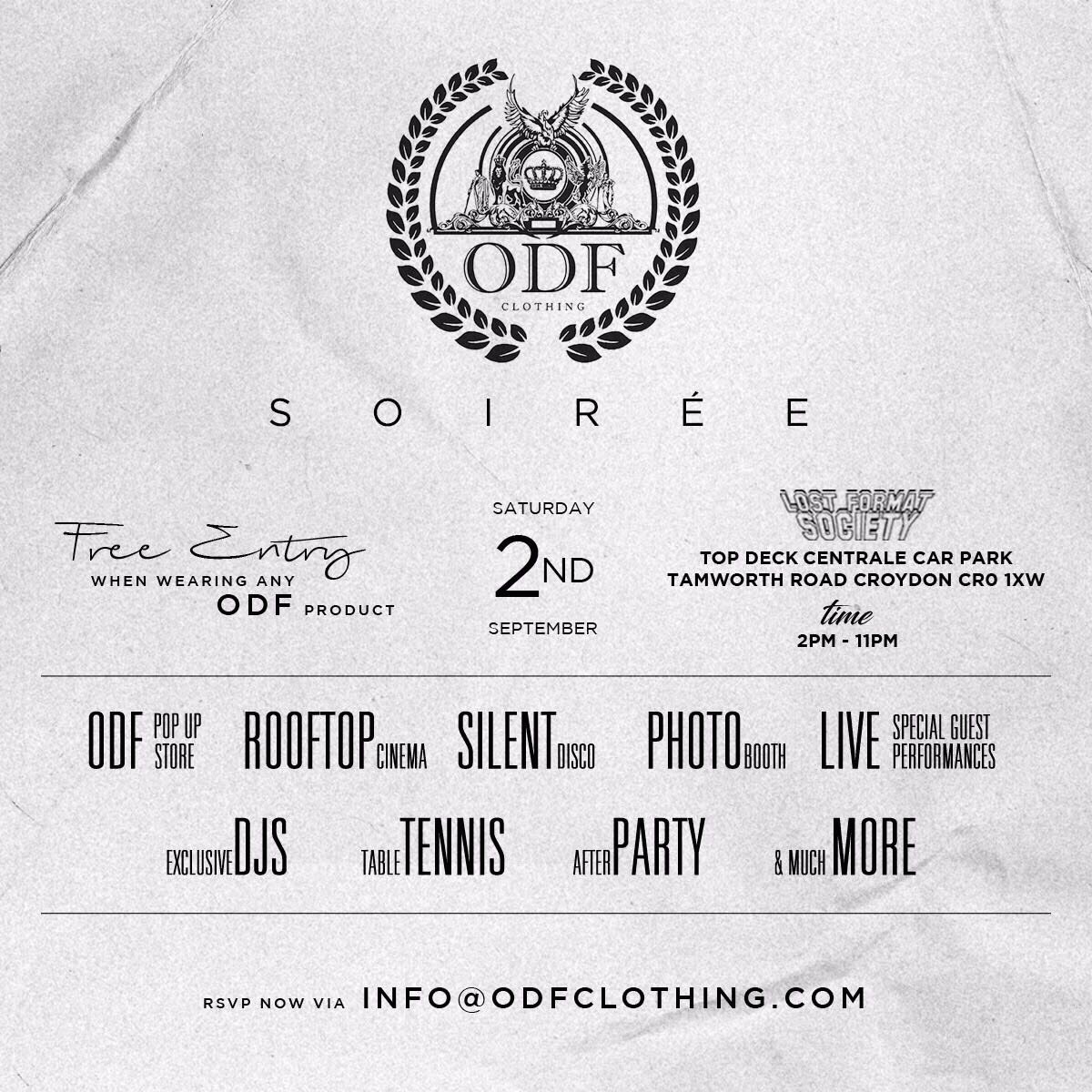 We are celebrating the end of summer by inviting customers to an experience filled with music and fashion. RSVP info@odfclothing.com