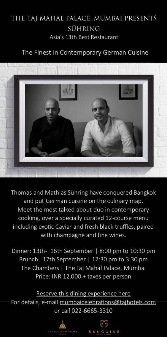 RaajSanghvi's tweet photo. Sühring, Asia's no 13 Best Restaurant comes to Mumbai for an exclusive Pop up from 13-17th September 2017! Tables: https://t.co/r6T6M70cm0 https://t.co/1Oj8WxPLST
