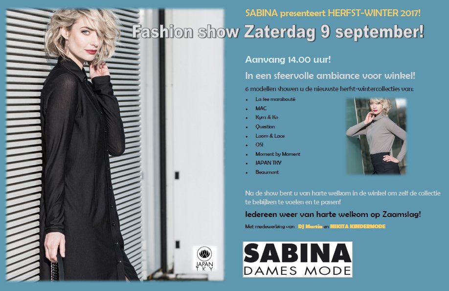 sabinadamesmode's tweet photo. Zaterdag 9 september 2017, fashion show bij Sabina! https://t.co/nUrCIhWkcV