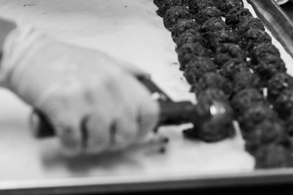LibraryKitchen's tweet image. Prepping meatballs for our Sauteed Grass-fed Beef tenderloin “au Poivre” Sweet Field and Wild Onion Soubise, Smoked Paprike chimichurri dish