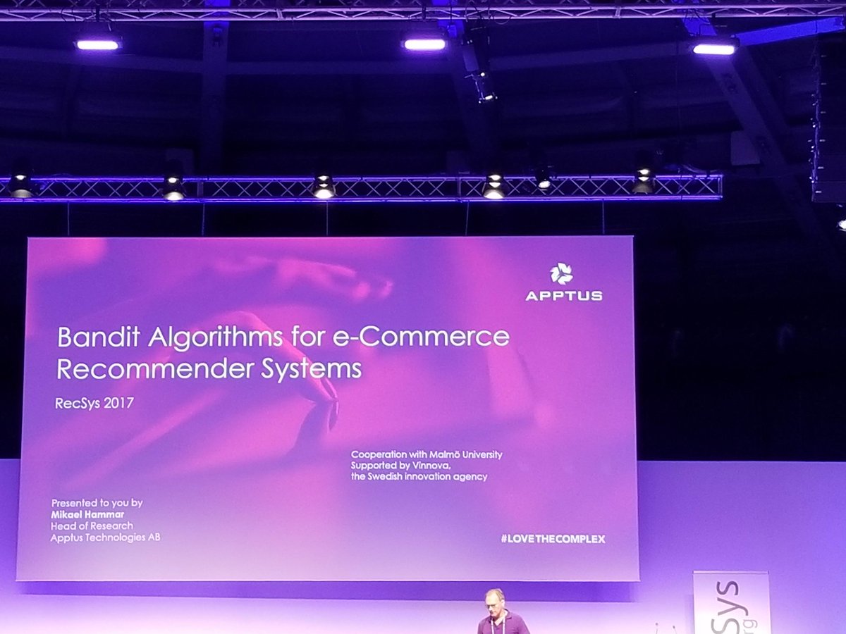 papercruncher's tweet photo. Great to see two #recsys17 talks in a row, from blendle.io and apptus, about bandits solving real world problems https://t.co/jIEOv4vvce