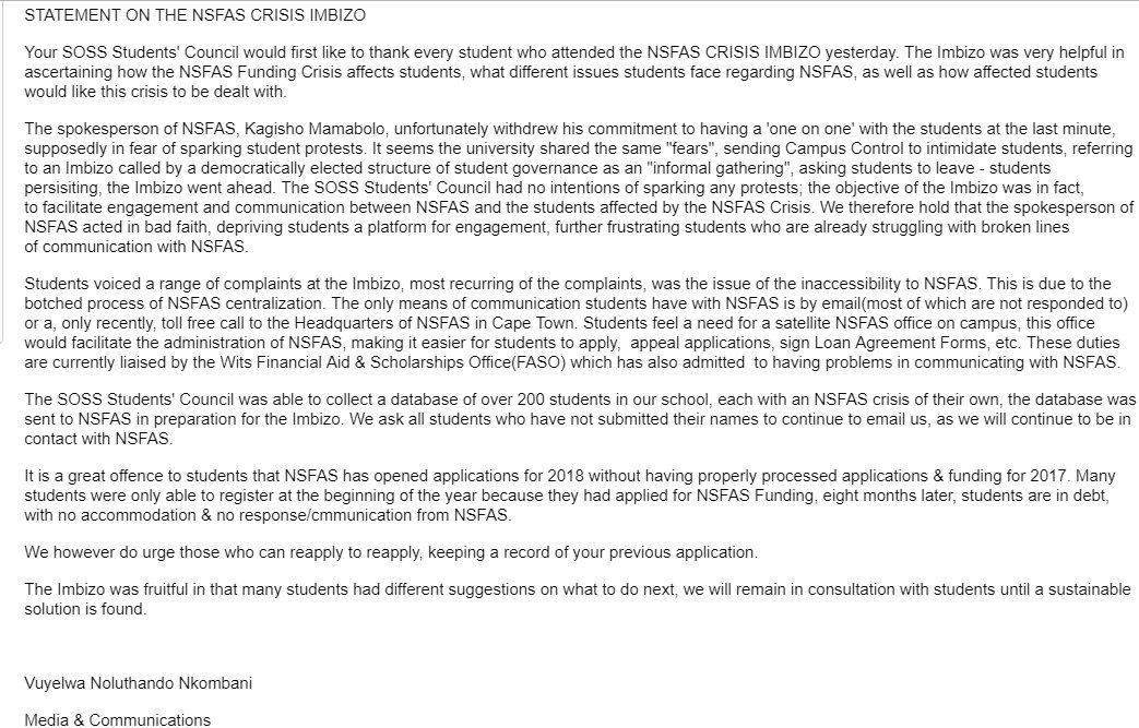 SOSSC_wits's tweet photo. STATEMENT ON THE NSFAS CRISIS IMBIZO https://t.co/Rwhj6dMBF8