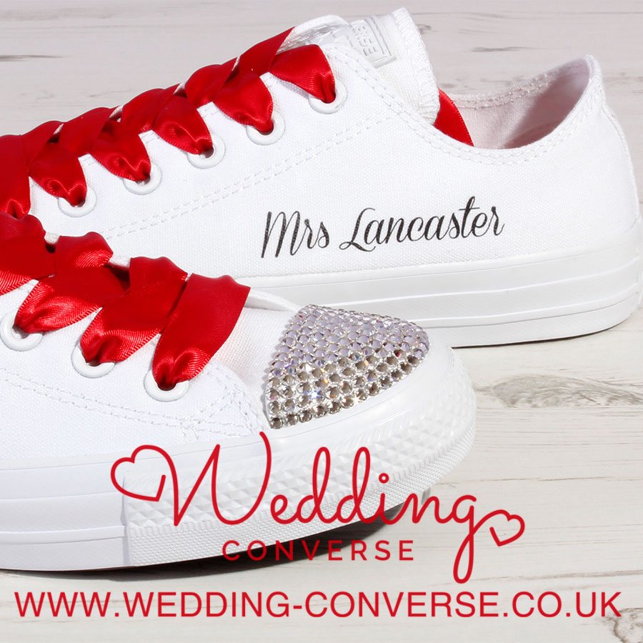 WeddingConverse's tweet photo. Love these Bride Converse with red satin laces. Swarovski wedding Converse customised with Mrs name, The perfect wedding gift! https://t.co/NGL4uqVfTv