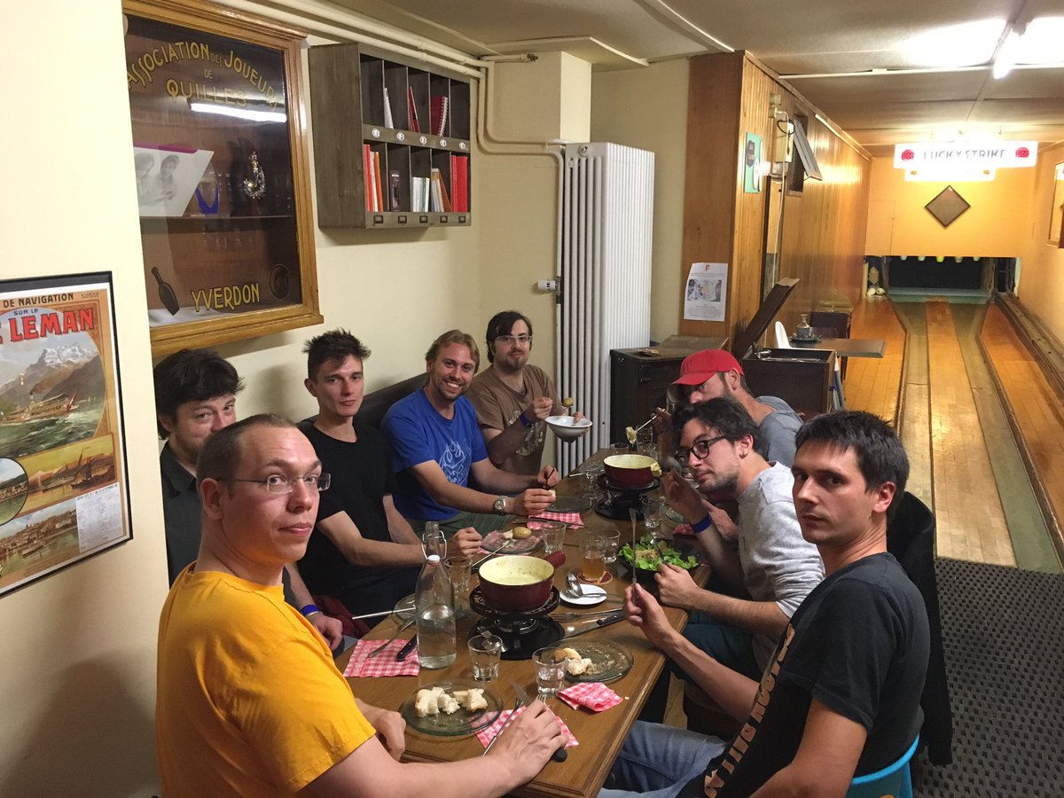 DavidJavet's tweet photo. On a pas l'air mais on rigole quand même en mangeant une fondue avec les devs indie FR/BE présents aux @NumerikGames ! https://t.co/Jx6Kx5wJJ9