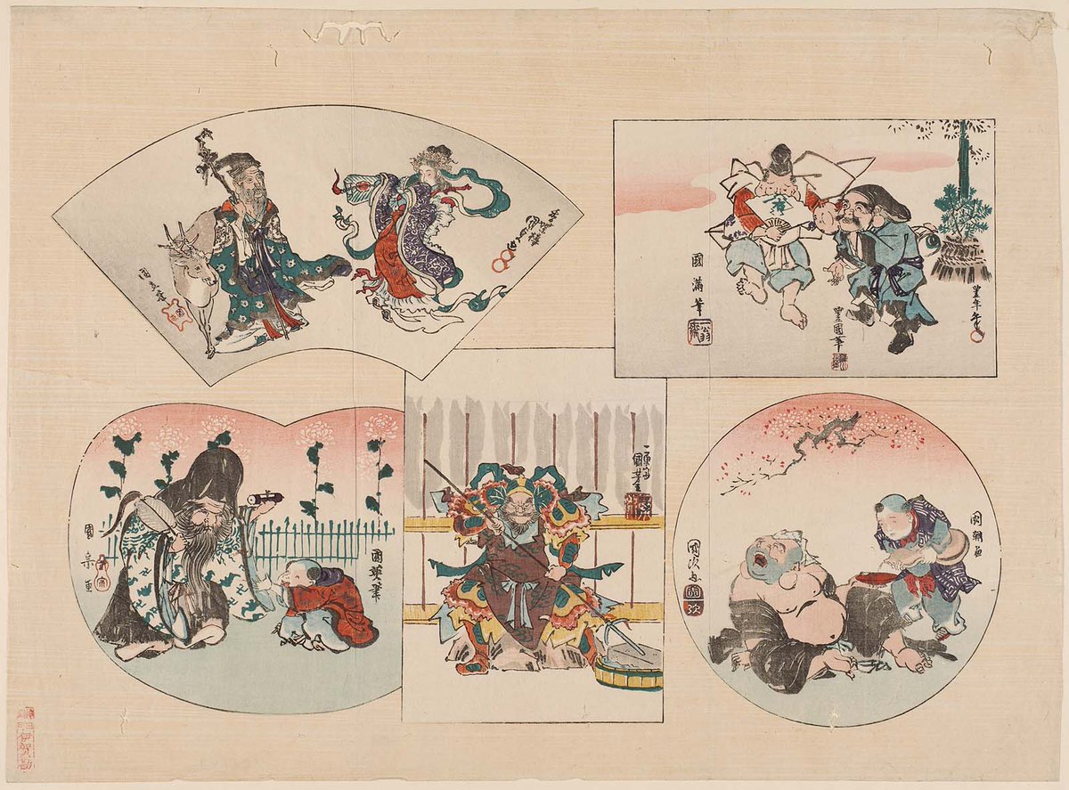 江戸時代にも幸運グッズがあったようです。七福神が書かれている様々なグッズが描かれています。