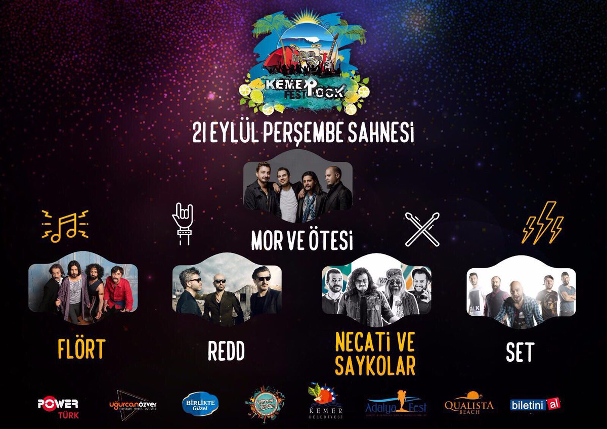 KemerRockFest's tweet photo. 21 Eylül Konuklarımız;
@mvoofficial 
@flortmuzik 
@reddseyirdefter 
@Saykolar 
@SetBand
#KemeRockFest https://t.co/CAz9l1VYn7
