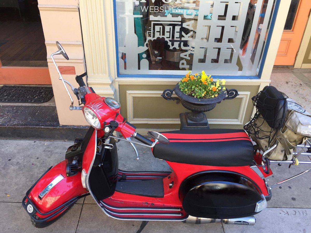 CheekySeats's tweet photo. We love Michael's #GenuineStella, sporting our dual red racing stripe seat cover! It totally rocks with the red & black scooter theme! https://t.co/kVLlBmI43g