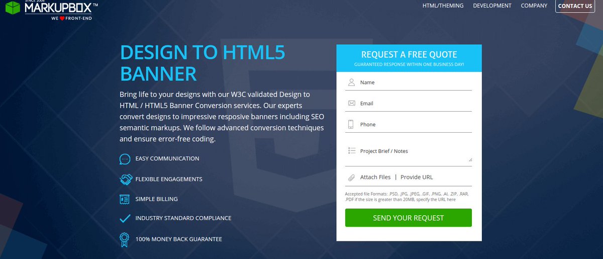 Bring life to your #designs with our W3C validated Design to #HTML / HTML5 Banner Conversion services. 
Quote: markupbox.com/design-html5-b… …