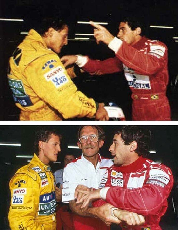FotosDeFatos's tweet image. O piloto brasileiro Ayrton Senna brigando com o alemão novato na F1, Michael Schumacher, em 1992.