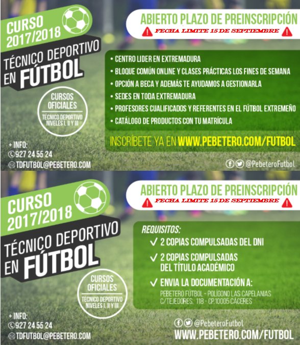 ⚽️¿Quieres ser ENTRENADOR DE FÚTBOL? ⚽️

Plazo de inscripción hasta el 15 de septiembre. Sedes en toda #Extremadura🌳

+info: 📞626 74 67 89