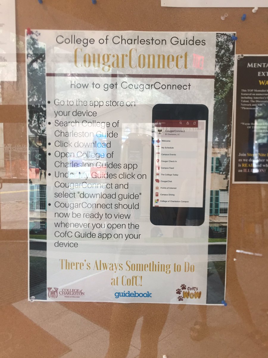 Poster in Stern Center advertising the new CougarConnect app keeping students up to date on happenings around campus! #CofC410