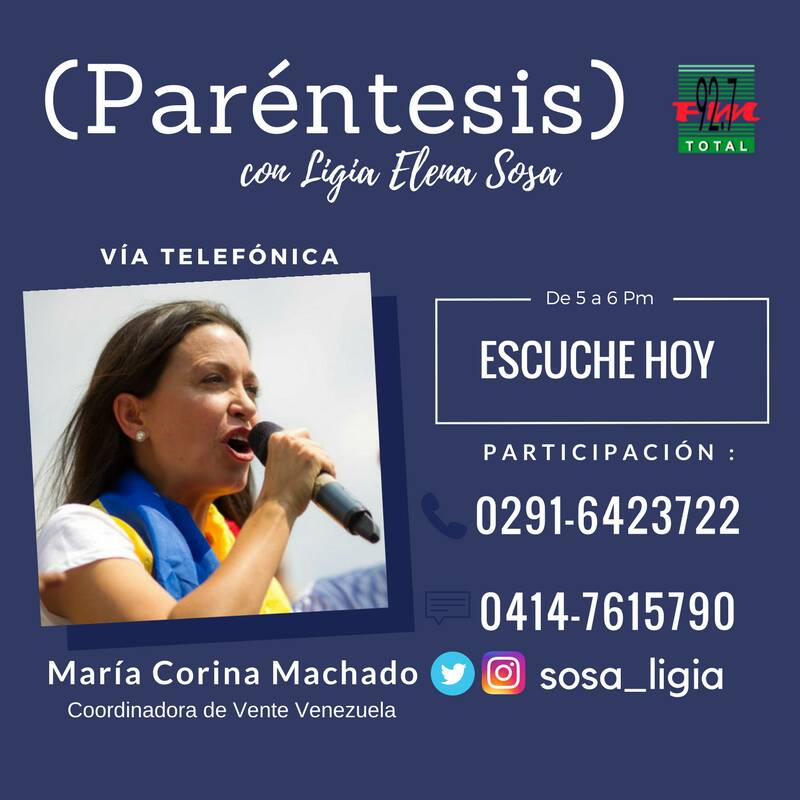 #30Ago #Monagas | Escucha hoy de 5 a 6pm a <a href="/MariaCorinaYA/">María Corina Machado</a> por la 92.7FM en el programa Paréntesis con <a href="/sosa_ligia/">Ligia Sosa</a>