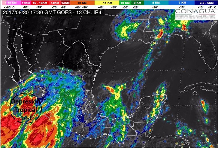 Aviso de #DepresiónTropical 14-E del Océano Pacífico en: smn.conagua.gob.mx/es/pronosticos…