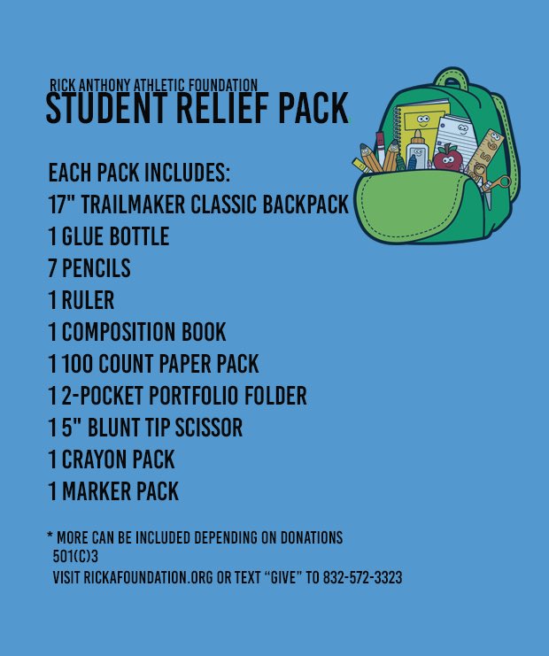 RickAFoundation's tweet photo. RAAF Student Relief Pack! 
Our first order for 72 backpacks filled. 
#RAAFPack #HurricaneHarvey #Houston https://t.co/8S6FQvv14y