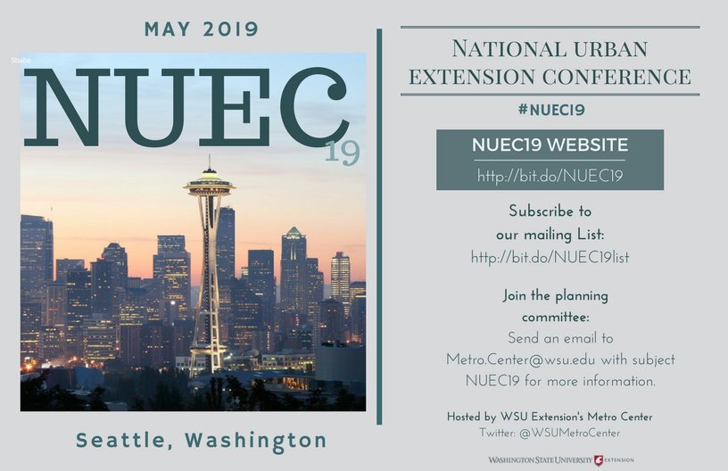 WSUMetroCenter's tweet photo. #NUEC19 will be held May 2019 in Seattle, WA. Stay tuned for more info. https://t.co/wEaacuL6gQ  #URBEXT #Seattle #Event #WsuMetro https://t.co/ZJ1VK3W6LY