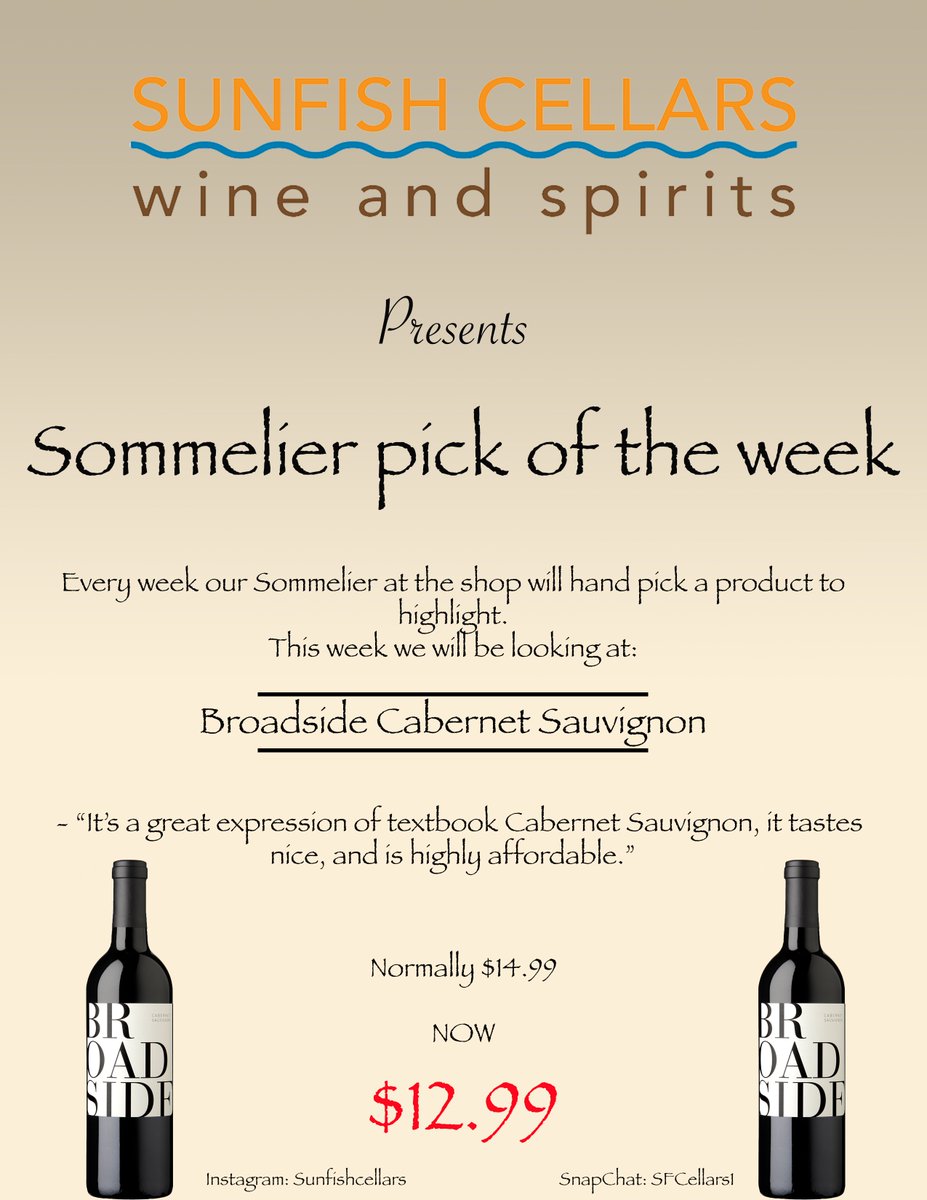 SunfishCellars's tweet image. Great wine from @broadsidewine at an unbeatable price! Order yours at: shop.sunfishcellars.com #Cabernet #Broadside #SunfishSteals