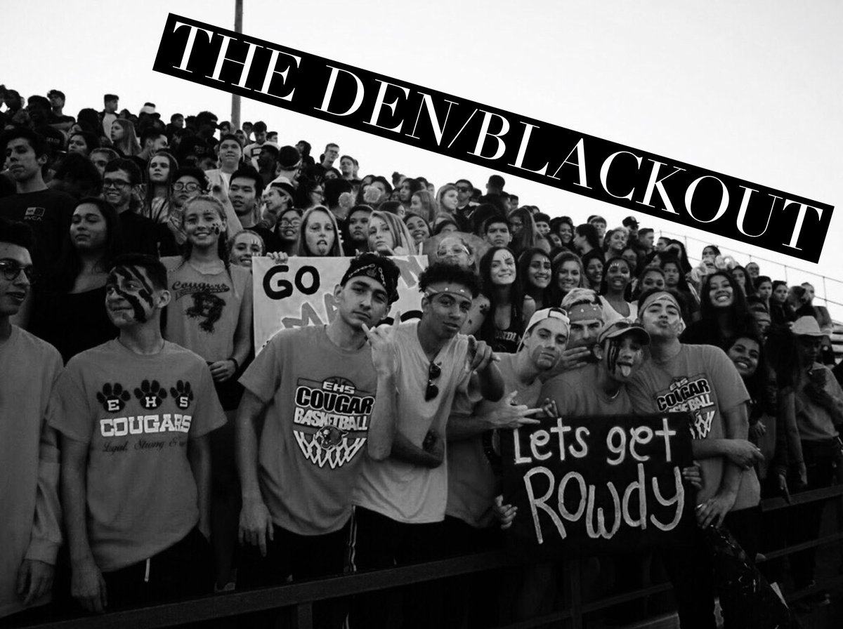 ehscougars's tweet photo. Friday, Sept. 1

EHS vs. Mira Mesa
The theme is Blackout.

JV plays at 4:00
Varsity plays at 7:00

Join us at EHS
to cheer on the Cougars! https://t.co/J4hyNi9bcP