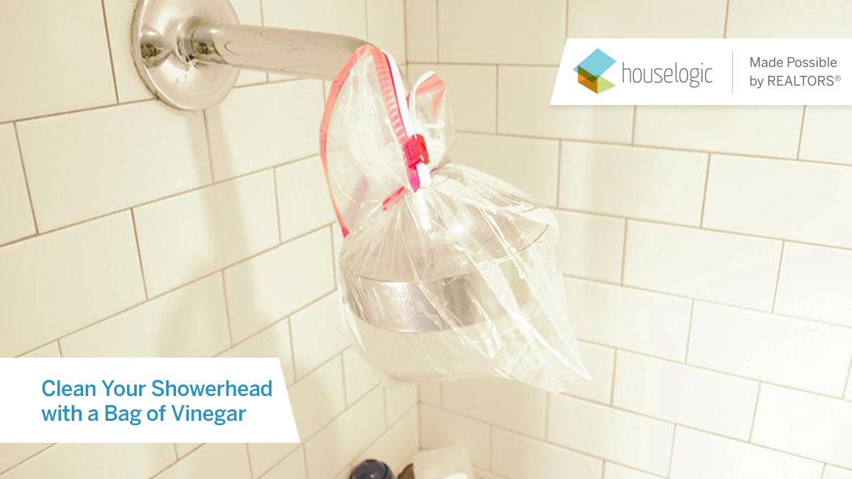HouseLogic's tweet photo. Mineral build-up on a showerhead can cause low 🚿 pressure. The solution? Soak the showerhead in a bag of vinegar: https://t.co/Py5xWWMeYt https://t.co/kc36TDtOl5