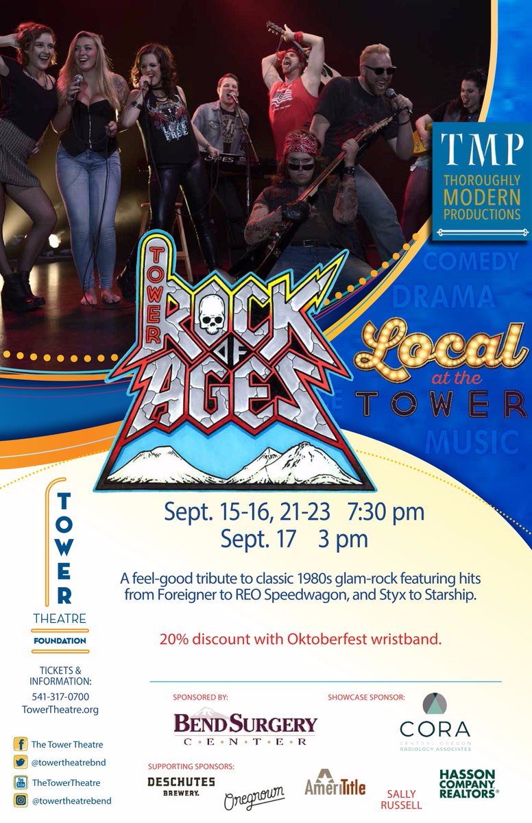 tmpbendor's tweet image. Who's ready to rock?! Check out this new poster for "Rock of Ages" @towertheatrebnd, Sep 15-23! #inBend #BendOregon #CentralOregon 🤘🎤