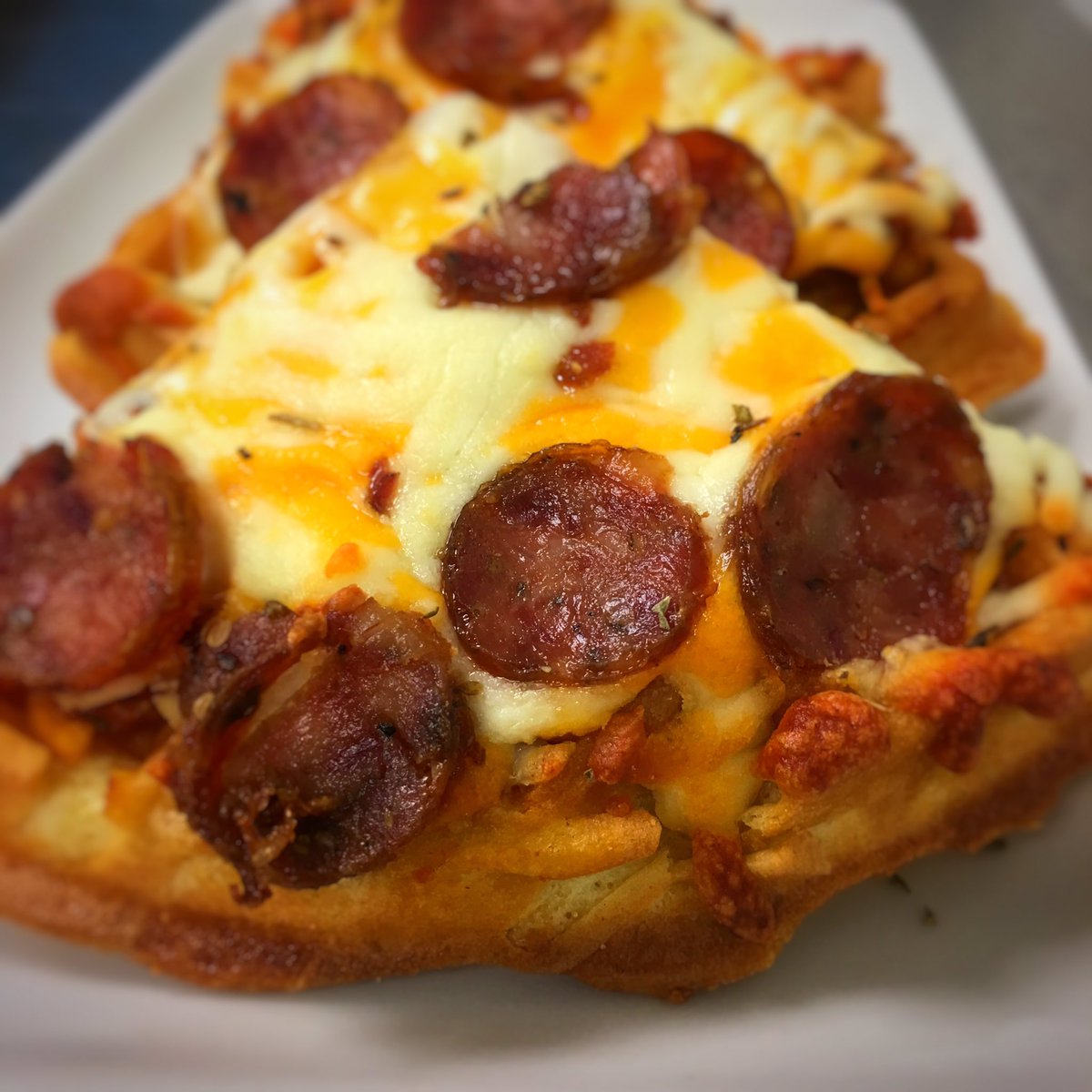 chef_ilona's tweet photo. @thewaveupei menu preview: Pepperoni Pizza Waffles!! That @ChtownButcher pepperoni tho! 😍 #pei https://t.co/660Ci2CwsE