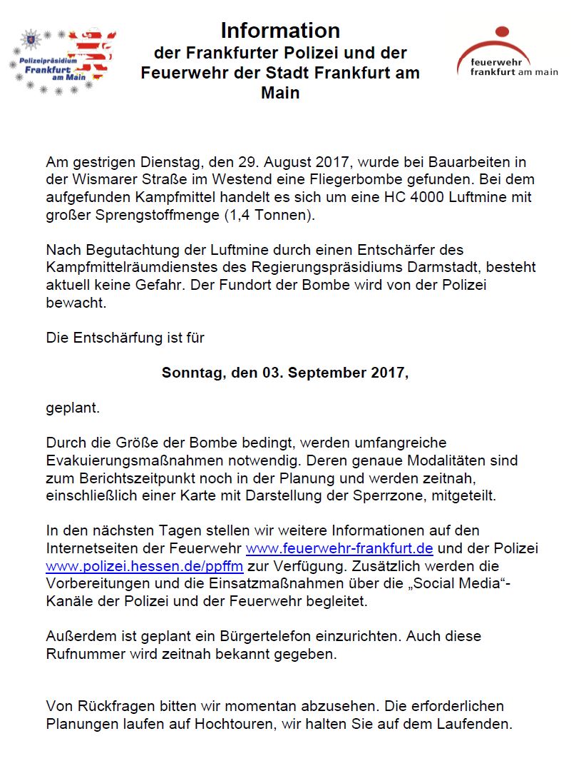 feuerwehrffm's tweet photo. ❗Bitte RT❗ 
Unsere Infos zum Fund der #Weltkriegsbombe im #Westend #Ffm  Wir halten euch hier auf dem Laufenden. ^tg https://t.co/OgjsPIIwv5