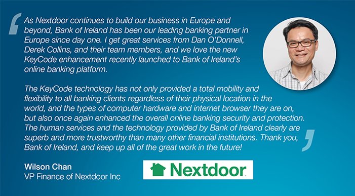 Thank you <a href="/Nextdoor/">Nextdoor</a> for the positive feedback on our latest update (keycode - soft token) to our e-banking platform <a href="/bankofireland/">Bank of Ireland</a>