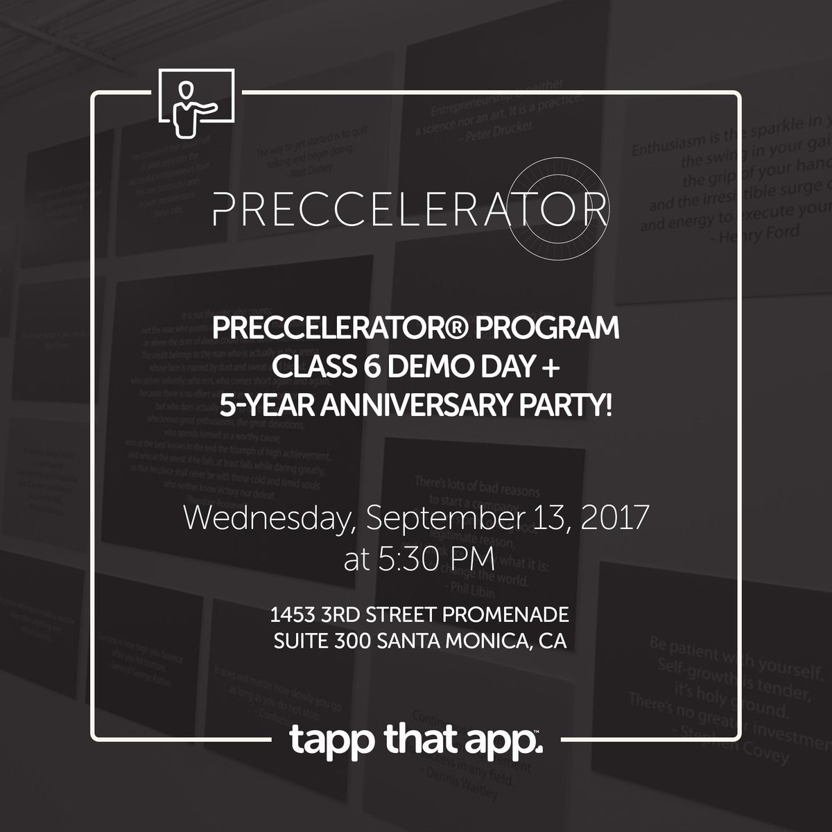 Our Demo Day kicks off on September 13th @ 5:30pm, and you're invited to take part in the festivities. #tappthatapp

…orprogramdemodayclass6.splashthat.com