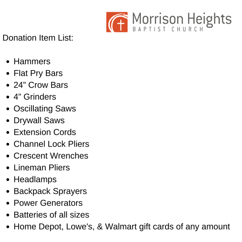 We are partnering with <a href="/eightdaysofhope/">Eight Days of Hope</a> to help those in Clinton assist people in Texas. You may drop off donations near our church offices.