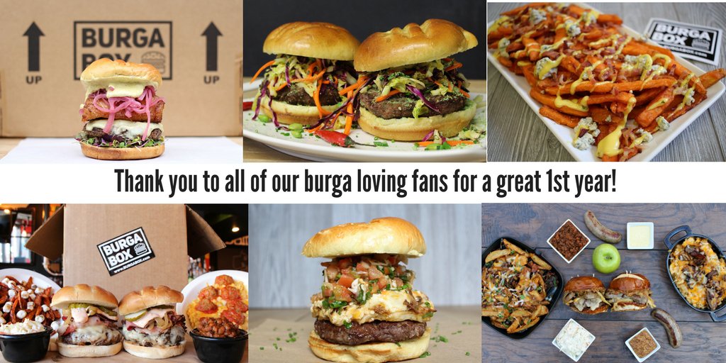 burgabox's tweet photo. We're almost ONE! Thank you to all of our fans and amazing customers for a great first year!! #burgabox #firstburgermealkit https://t.co/n14P61hFR1