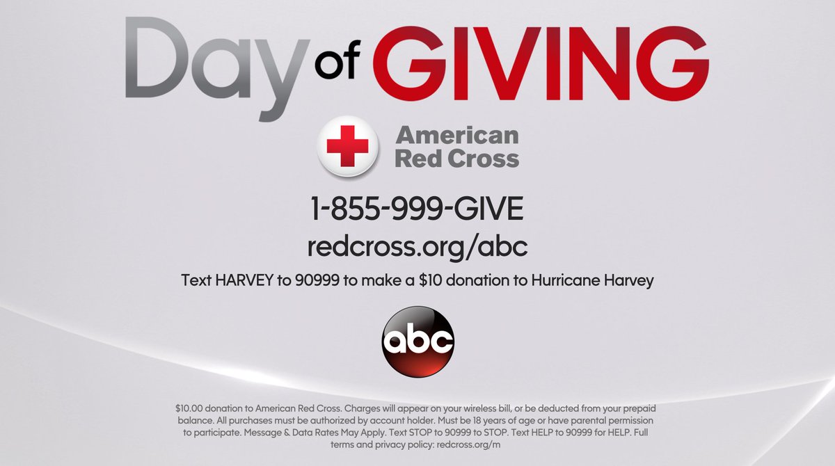 ABC's tweet image. Join us tomorrow as we kick off a #DayOfGiving and raise money for #HurricaneHarvey relief efforts through @RedCross abcn.ws/2x4NSpG
