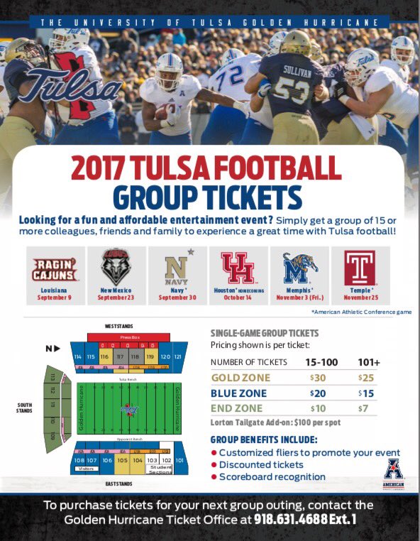 Thinking about bringing a group out for some TU football? Take a look at our group rates to save a lil💰
Questions? 
Call 918-631-GoTU 🌀