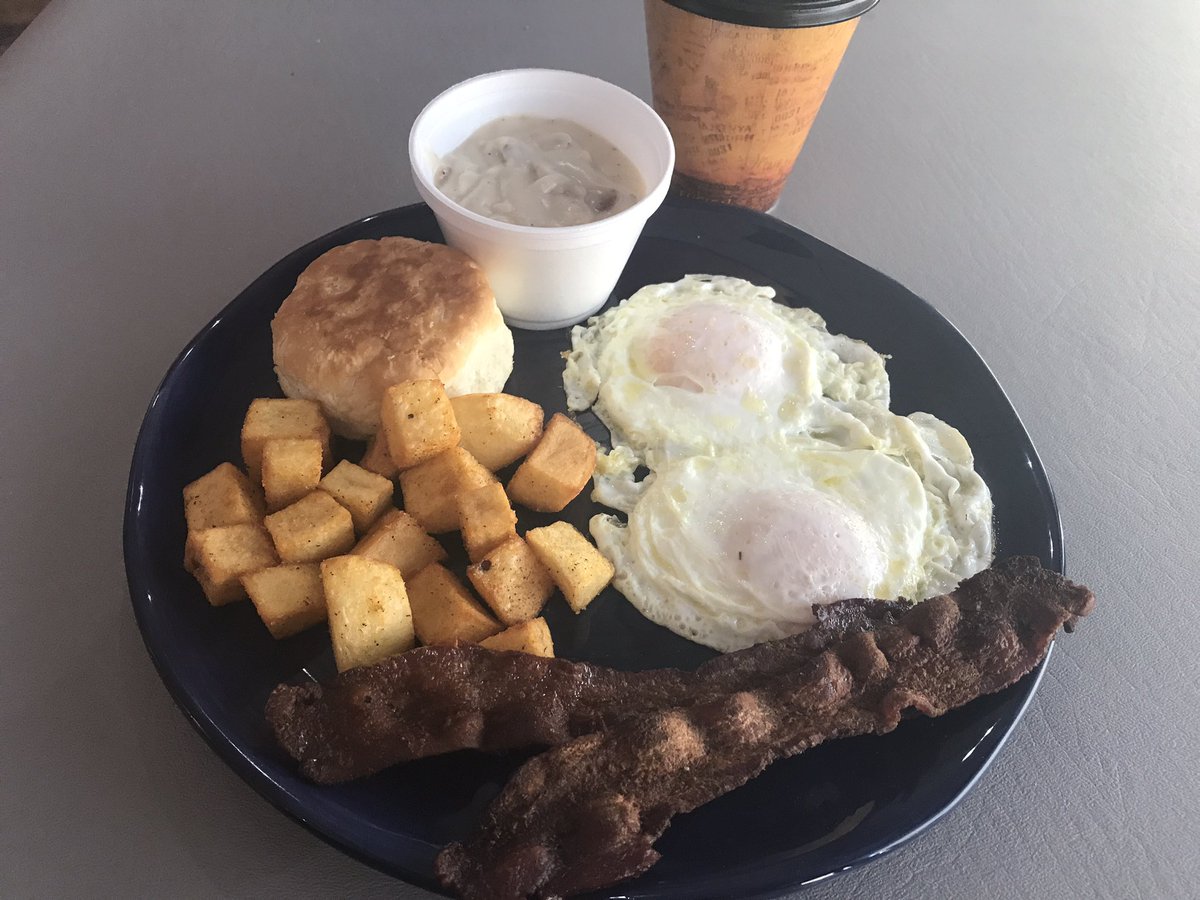 Simple #breakfast #eggs #bacon #biscuitandgravy #coffee #comfortfood @mhpauk F & B Eatery. #myhood #stlfood @LindenwoodPark