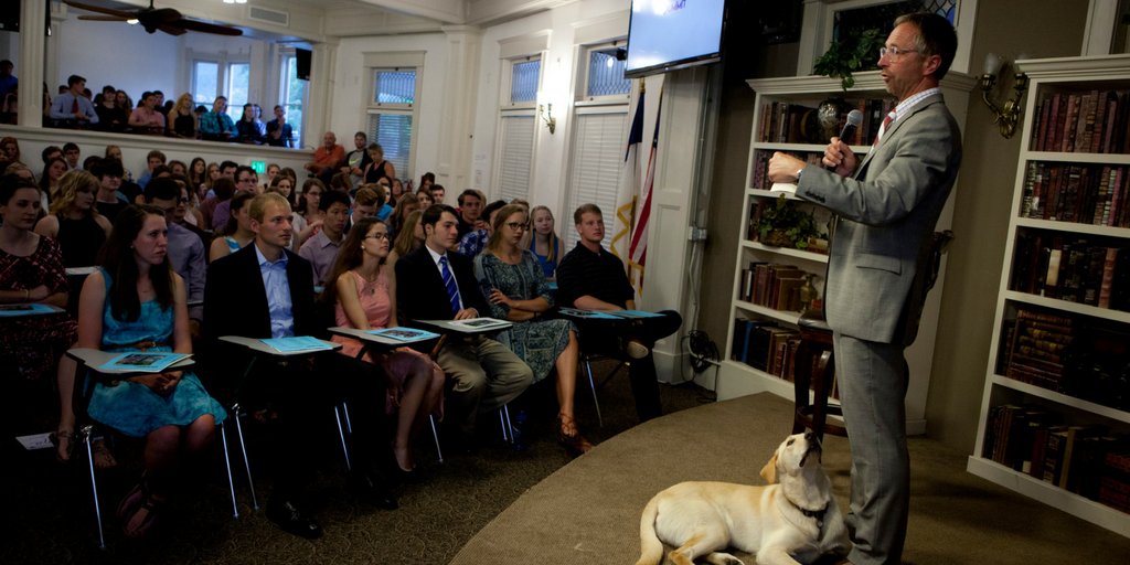 summitmn's tweet photo. Dr. Jeff Myers and his dog, Clive, give one last talk to the students on graduation night #SummitSummer #Graduation #SummitCO https://t.co/xEbVwx2jON