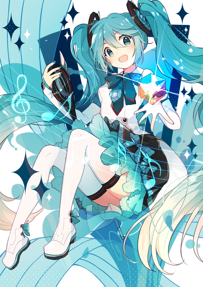 hatsune miku ,magical mirai miku 1girl solo twintails long hair thighhighs musical note open mouth  illustration images