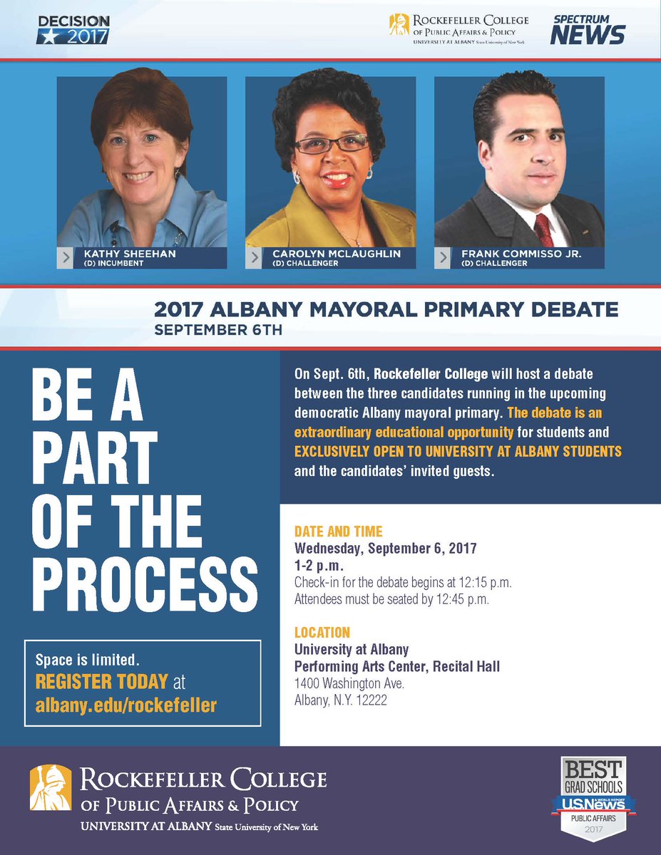 RockefellerColl's tweet photo. BREAKING: @RockefellerColl to host Albany mayoral debate Sept. 6th! Open ONLY to @ualbany students. Register now! https://t.co/eFUurICRQs https://t.co/u4y3JGh2hh