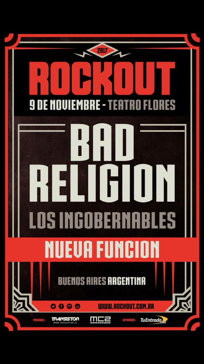 RockoutAr's tweet photo. 🔥ROCKOUT ARGENTINA 2017🔥 💥NUEVA FECHA💥
Bad Religion - Los Ingobernables
JUEVES 9 NOVIEMBRE - Teatro Flores
TuEntrada https://t.co/m7zOSyGThX https://t.co/n6LoXC8JJY