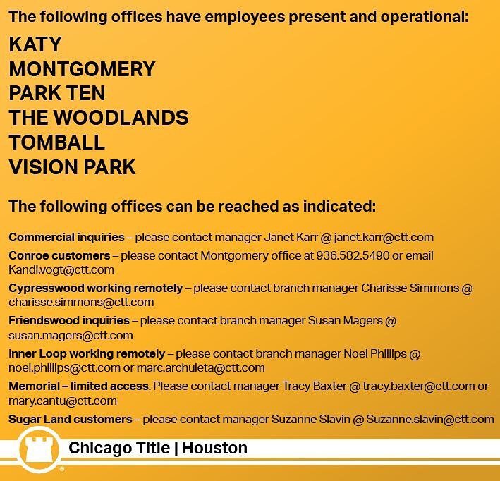 ChicagoTitleHou's tweet photo. #ChicagoTitleHouston is thankful to be partially back up and running!👏🏼
.
.
.
#cttrocks #houston #chicagotitle #escrowexperts #prayforhoust… https://t.co/5sttk3B4RD