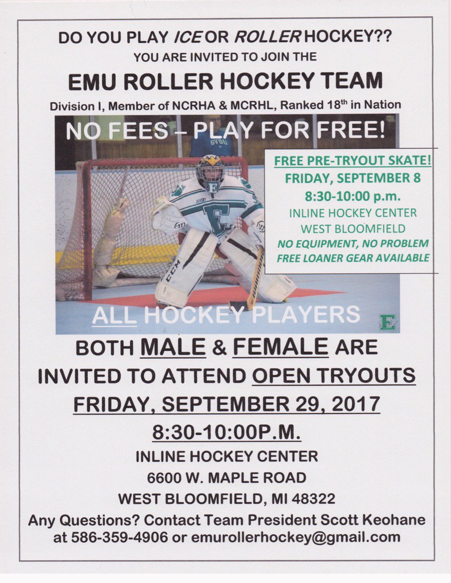 EMUroller's tweet image. All EMU hockey players are invited to skate with us Friday, September 8th.  We're under NEW leadership this season! Come check it out!