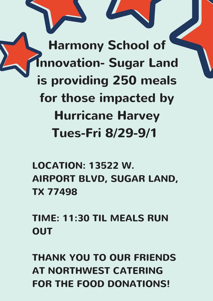 hpshoustonsouth's tweet photo. Ready to serve, day 2 of #HurricaneHarvey relief. Come &amp; get a hot meal @HSI_Sugarland &amp; @HPSArt! #TexasStrong @HarmonyEdu @Soner_Tarim https://t.co/KcLvqUG8xk