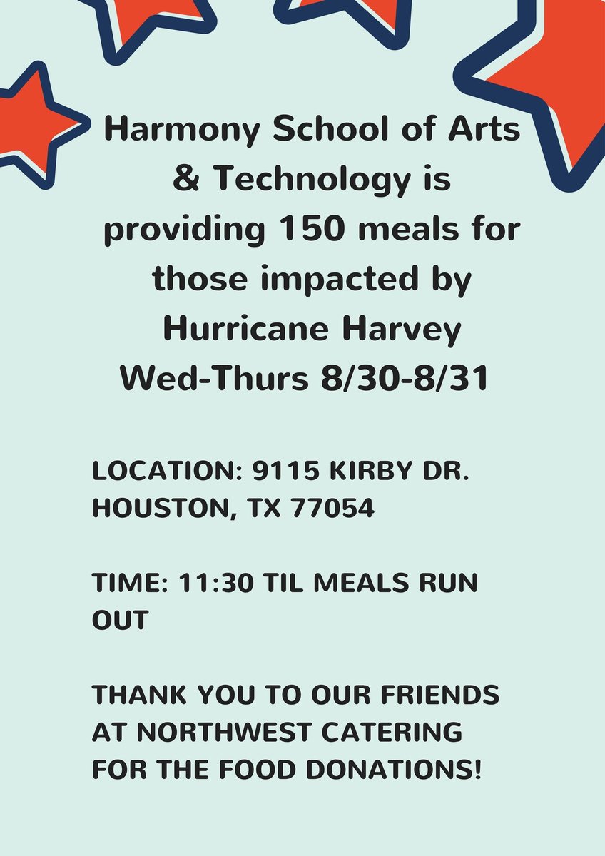 hpshoustonsouth's tweet photo. Ready to serve, day 2 of #HurricaneHarvey relief. Come &amp; get a hot meal @HSI_Sugarland &amp; @HPSArt! #TexasStrong @HarmonyEdu @Soner_Tarim https://t.co/KcLvqUG8xk
